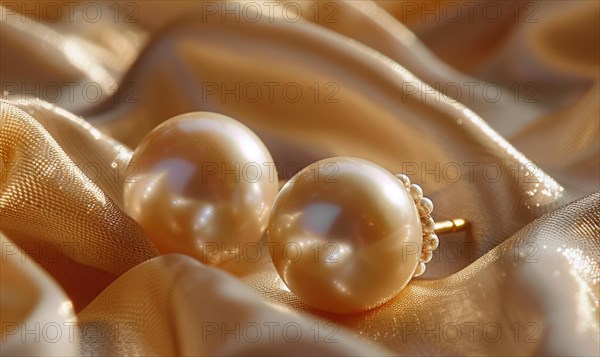 Pair of pearl drop earrings delicately arranged on a smooth satin material background AI generated