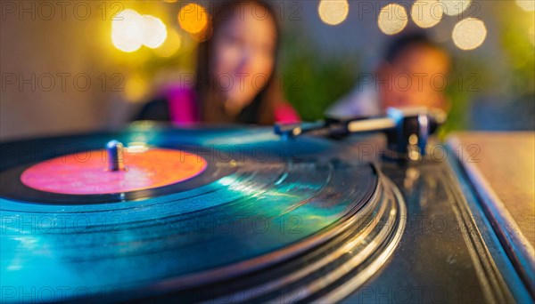 Vinyl record on turntable with blurred lights and people in the background, AI generated