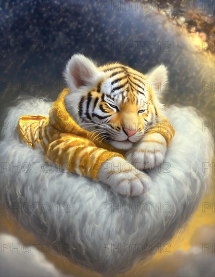Charming photo of a white tiger cub lounging on a cloud with shimmering gold details, creating a heavenly ambiance, AI generated