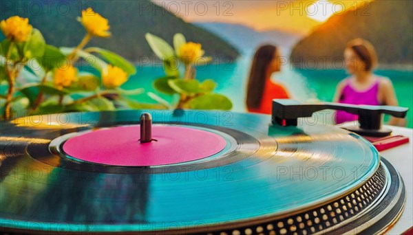 A vinyl record plays on a turntable with women enjoying a vibrant sunset in the background, AI generated