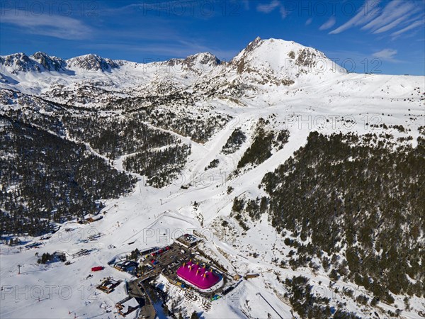 Aerial view of a mountain station with surrounding ski slopes in a winter landscape, Grau Roig, Encamp, Andorra, Pyrenees, Europe