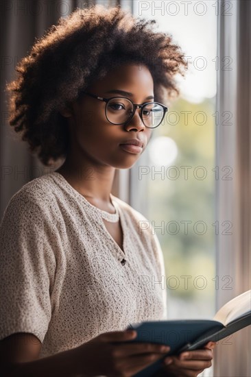 Tranquil image of a woman with glasses reading a book with focused concentration, AI generated