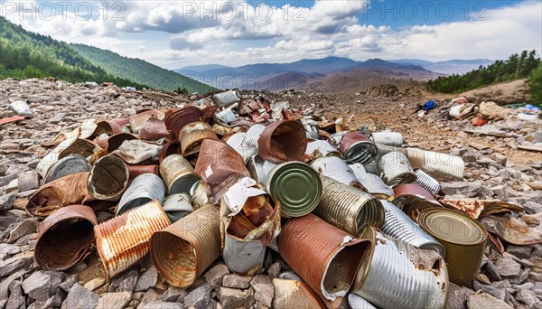 Symbol photo, many empty tin cans, partly crushed, rusty, dirty, lying in the landscape, AI generated, AI generated