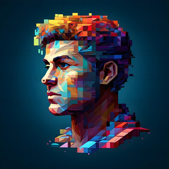 AI generated male human head digitalised in pixel art style presenting a mosaic of vibrant hues in neon glow