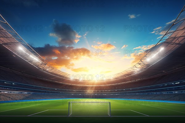 A soccer field with a large crowd of people spectators fans watching the game on sunset. The stadium is lit up with bright flood spotlights ready for a match game, AI generated