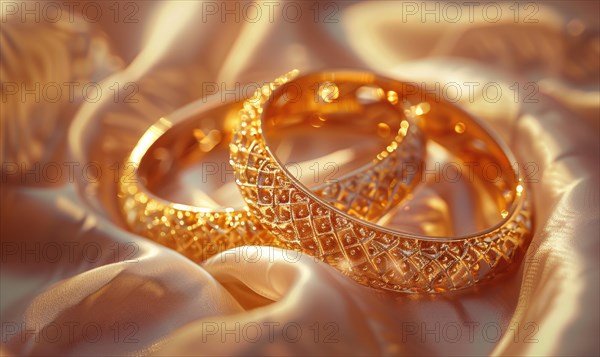 Pair of intricately designed gold bracelets arranged on a smooth satin material background AI generated
