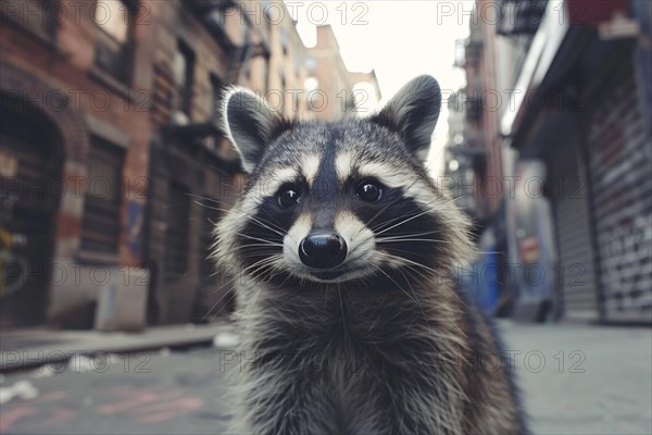 Wild racoon in city street. KI generiert, generiert, AI generated