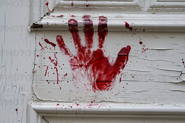 Bloody human hand print on white wall. KI generiert, generiert, AI generated