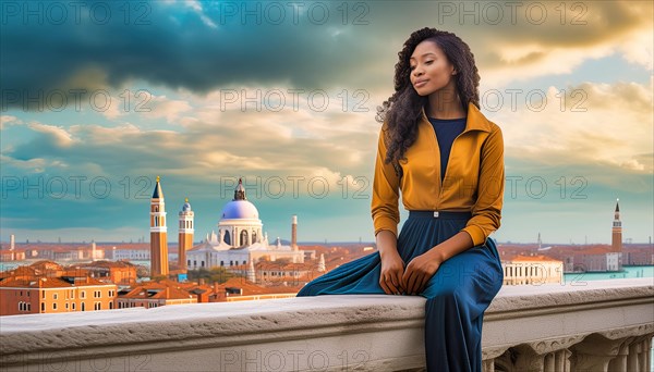 Fashionable woman in contemplation on a balcony overlooking the Venice skyline with moody clouds, AI generated