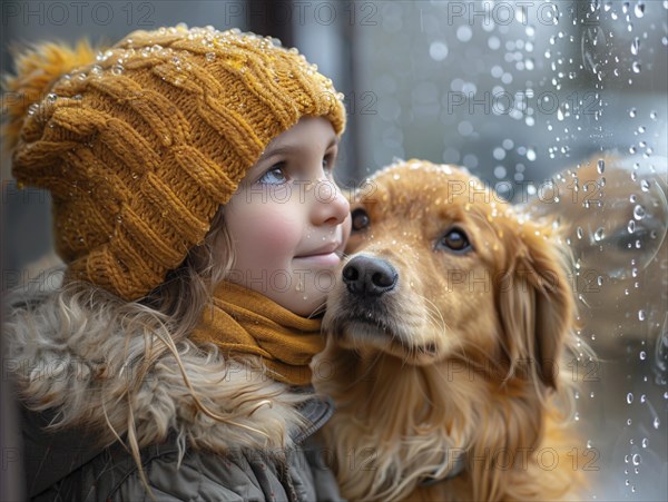 Bad weather, child looks sadly outside through a rainy window pane, AI generated