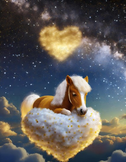 Whimsical illustration of a chestnut horse resting on a fluffy, star-studded cloud shaped like a heart against a twilight sky, AI generated