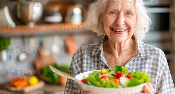 A senior aged woman is holding a healthy salad bowl in a kitchen. She is smiling and she is happy, AI generated