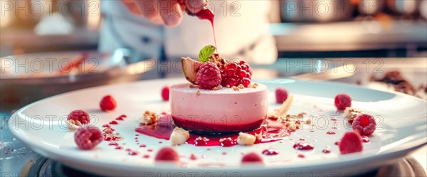 Chef is decorating a dessert with berries and other delicious additions of sweets and whipped cream, AI generated