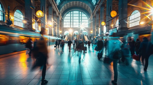 A busy train station with people walking around to board trains, AI generated