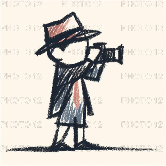 Child dressed as a detective taking pictures, sketched with playful strokes in beige and orange, AI generated