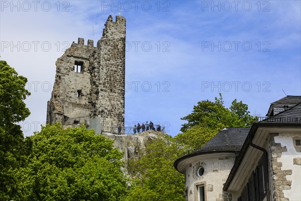 Castle ruins on the Drachenfels, mountain in the Siebengebirge above the Rhine between Koenigswinter and Bad Honnef, North Rhine-Westphalia, Germany, Europe