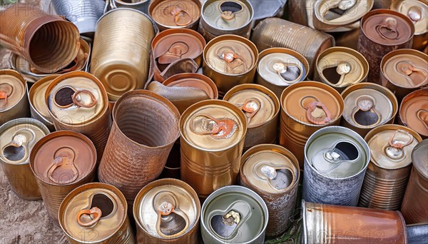 Symbol photo, rubbish, waste, many empty rusty cans in a pile, AI generated, AI generated