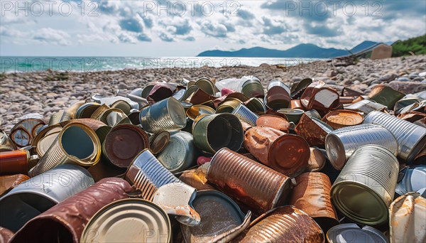 Symbol photo, many empty tin cans, partly crushed, rusty, dirty, lying on the beach, waste, AI generated, AI generated