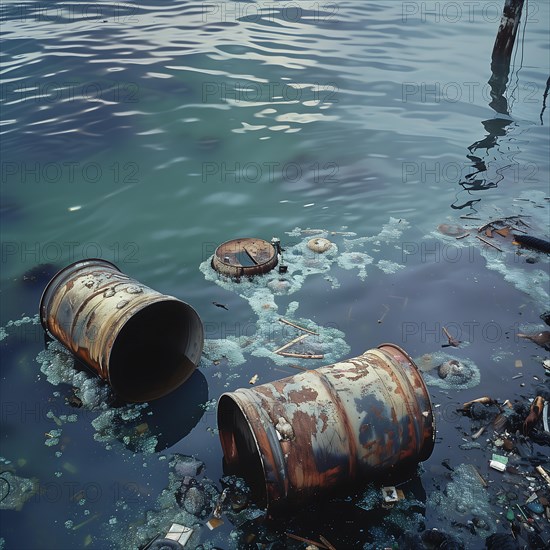Rusty barrels partially under water, surrounded by waste, show environmental damage, pollution, environmental protection, AI generated