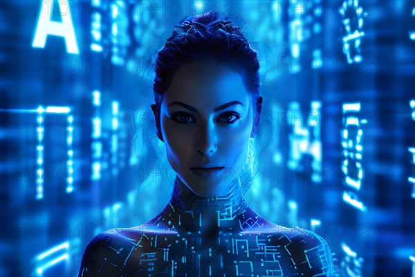 AI generated cybernetic female figure composed of fluid computer code symbolizing artificial intelligence
