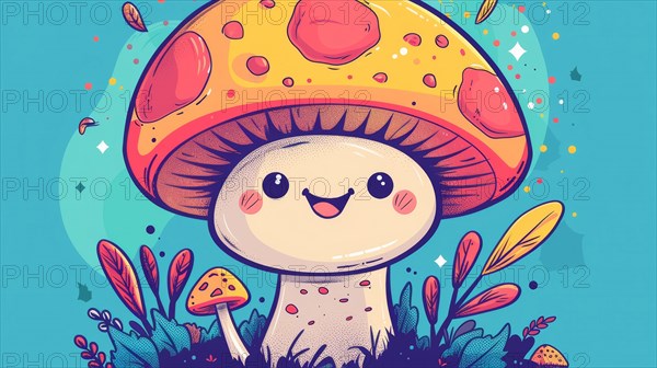 A playful cartoon mushroom with a happy face, set against a dotted background with autumn leaves, AI generated