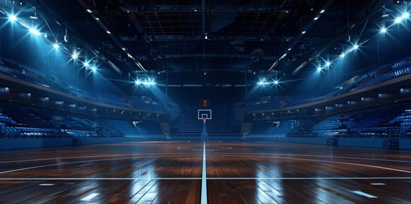 Sport arena before the game. The basketball court is empty and lit up with bright lights, AI generated