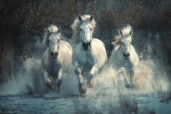 Group of white horses running in the water, AI generated