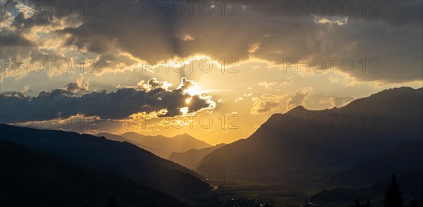 Sunset over the Liesingtal, in the evening light the village Kraubath, Schoberpass federal road, panoramic view, view from the lowlands, Leoben, Styria, Austria, Europe