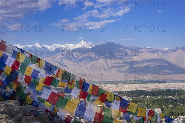 Panorama from Tsenmo hill over Leh and the Indus valley to Stok Kangri, 6153m, Ladakh, Jammu and Kashmir, India, Asia