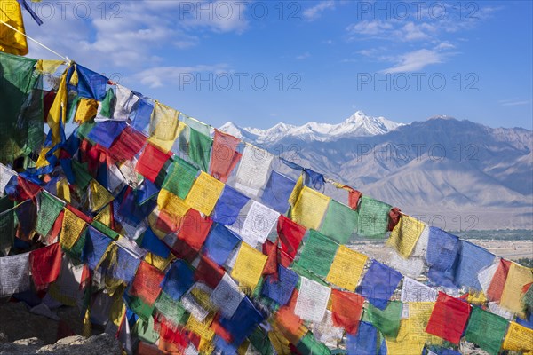 Panorama from Tsenmo hill over Leh and the Indus valley to Stok Kangri, 6153m, Ladakh, Jammu and Kashmir, India, Asia