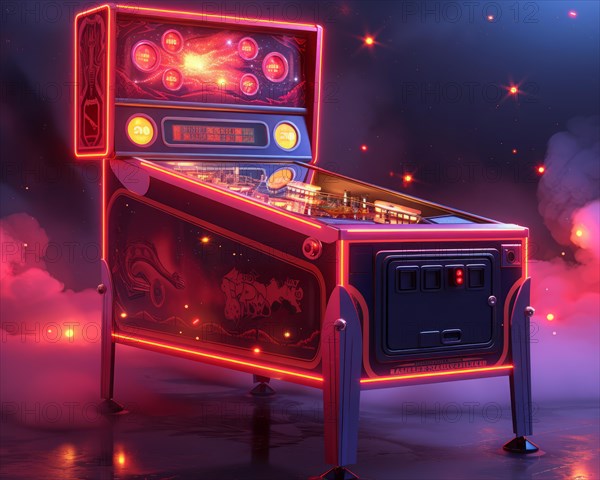 Digital artwork of a retro neon-lit pinball machine set against a starry background, AI Generated, AI generated