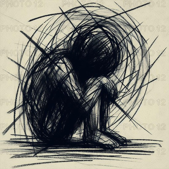 Dark abstract sketch symbolizing despair with a lone figure encircled by chaotic lines, AI generated