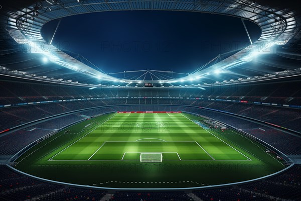 A soccer field with a large crowd of people spectators fans watching the game in evening. The stadium is lit up with bright flood spotlights ready for a match game, AI generated