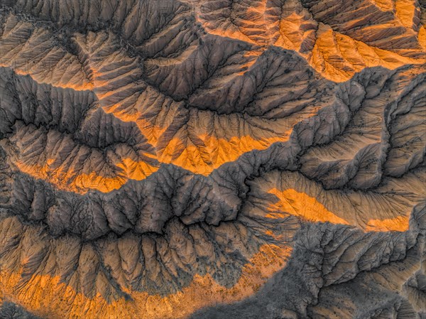 Aerial view, View from above, Canyon runs through landscape, Dramatic barren landscape of eroded hills, Badlands, Canyon of the Forgotten Rivers, Issyk Kul, Kyrgyzstan, Asia