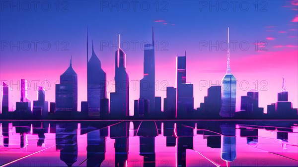 AI generated illustration of a cityscape with skyscrapers and holographic elements in blue and pink colors