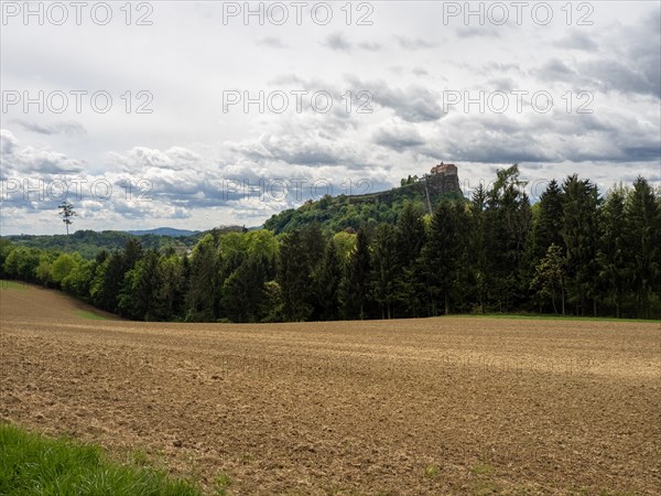 Farmland, behind Riegersburg with lift, Riegersburg, Styrian volcanic region, Styria, Austria, Europe