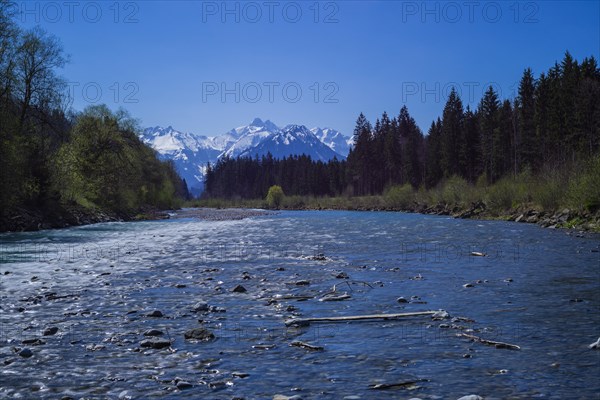 Iller, near Oberstdorf, with the Allgaeu Alps behind it, Oberallgaeu, Bavaria, Germany, Europe
