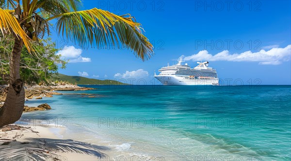 A large cruise ship docked near popular vacation resort. The scene is serene and relaxing, with the ship providing a sense of adventure, AI generated