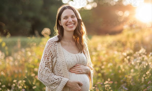 Happy pregnant woman smiling. A concept of motherhood and future family, AI generated