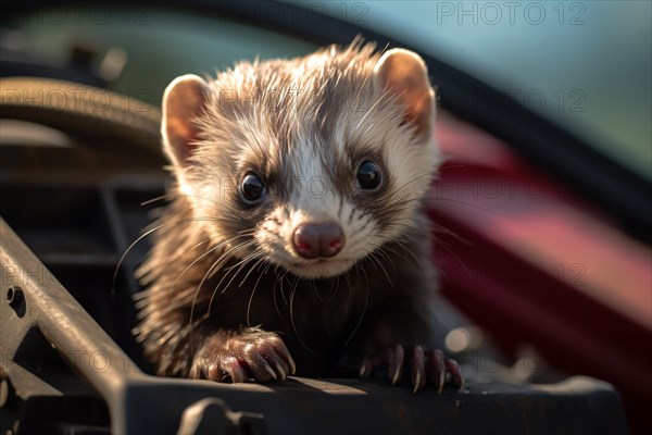 Wild ferret animal sitting in car engine. KI generiert, generiert, AI generated