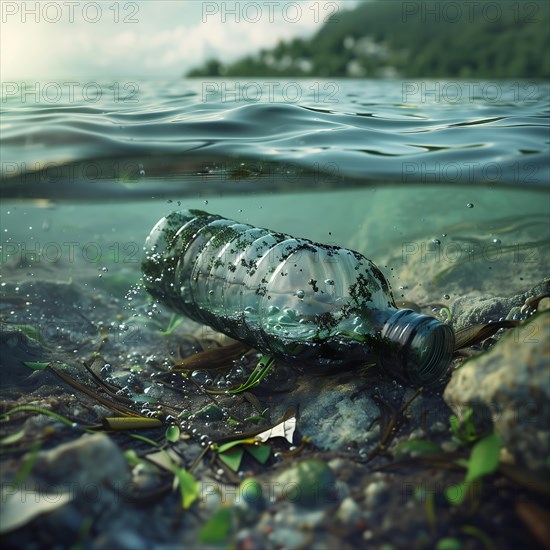 A plastic bottle floats in an otherwise clear mountain lake, representing pollution, pollution, environmental protection, AI generated