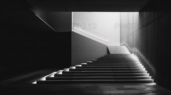 Minimalist black and white photo of a contemporary staircase with angles and light play, AI generated