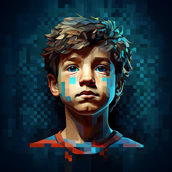 AI generated boys human head digitalised in pixel art style presenting a mosaic of vibrant hues in neon glow