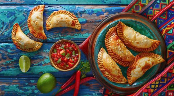 Tasty empanadas on a plate with colorful Mexican cloths as a background. National mexican food, AI generated