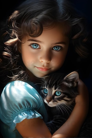 AI generated portrait of a young girl with cute little cat