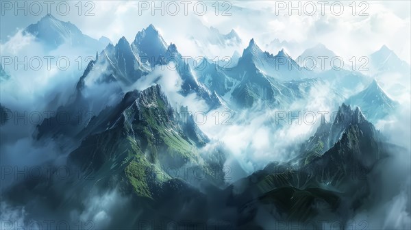 Tranquil green mountains peek through clouds and mist, highlighting the lush, rugged terrain, AI generated