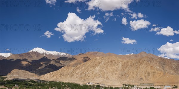 Panorama over Leh and the Indus Valley to the Indian Himalayas, Ladakh, Jammu and Kashmir, India, Asia