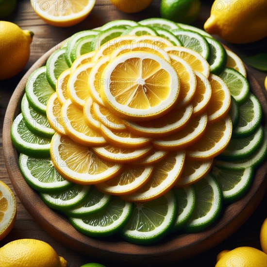 Fresh and vibrant display of thinly sliced lemons and limes, artfully arranged on a rustic wooden board, creating a beautiful contrast of yellow and green tones in a spiral design, AI generated