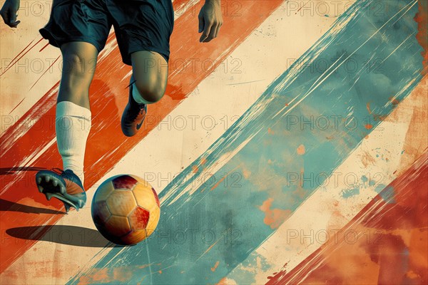 A soccer player dribbles and kicks a soccer ball. Abstract vintage grungy poster style with muted colors, AI generated