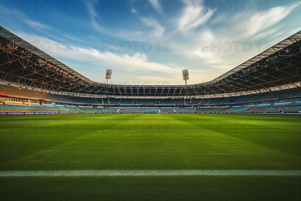 A soccer field with a large crowd of people spectators fans watching the game. The stadium is lit up with bright flood spotlights ready for a match game, AI generated